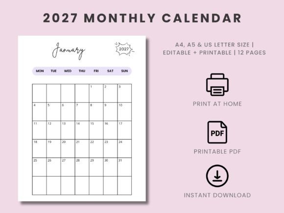 Download Printable Monthly Calendar 2027 Template - Print Collection